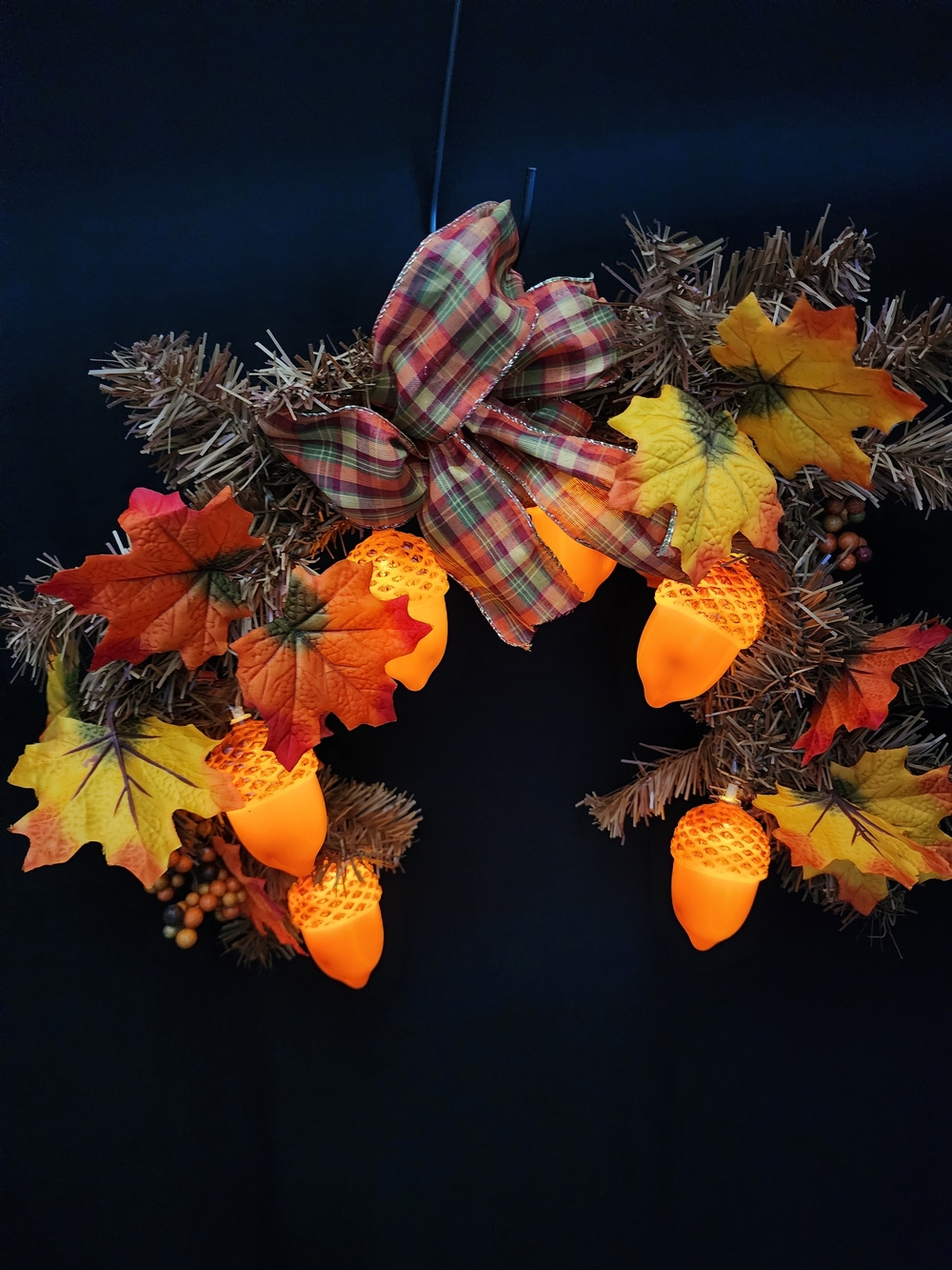 Autumn Acorn Lighted Garland with Plaid Bow - Orange & Yellow Fall Decor